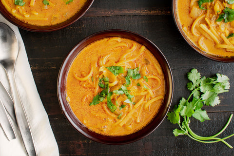 Curry Noodle Soup with Peaches + Scream Hot Sauce