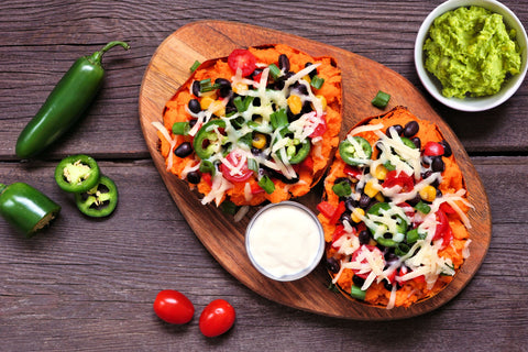 Mexican Smothered Sweet Potatoes with Angry Elk Hot Sauce