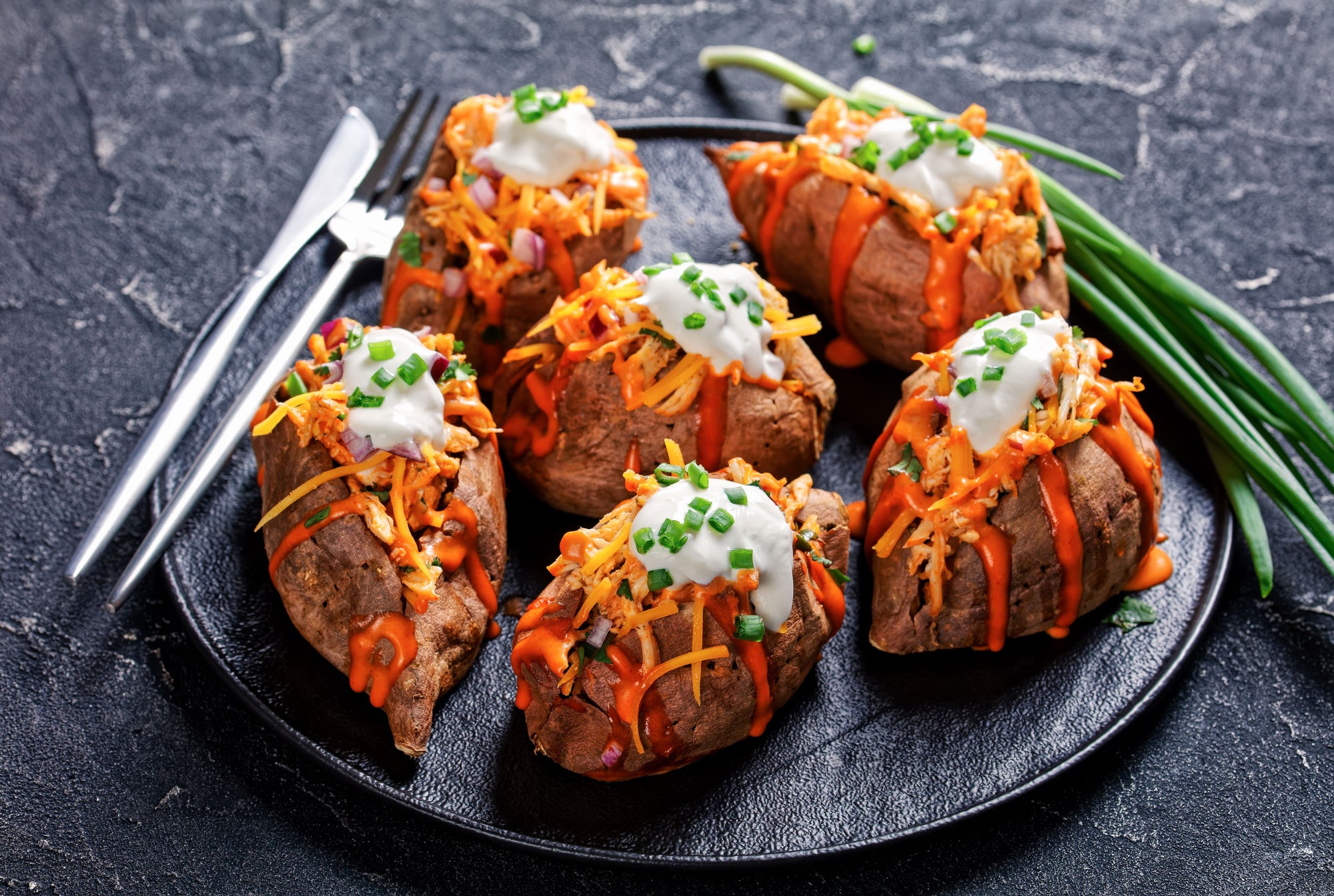 Baked Buffalo Chicken Sweet Potatoes with Rougarou Wing Sauce