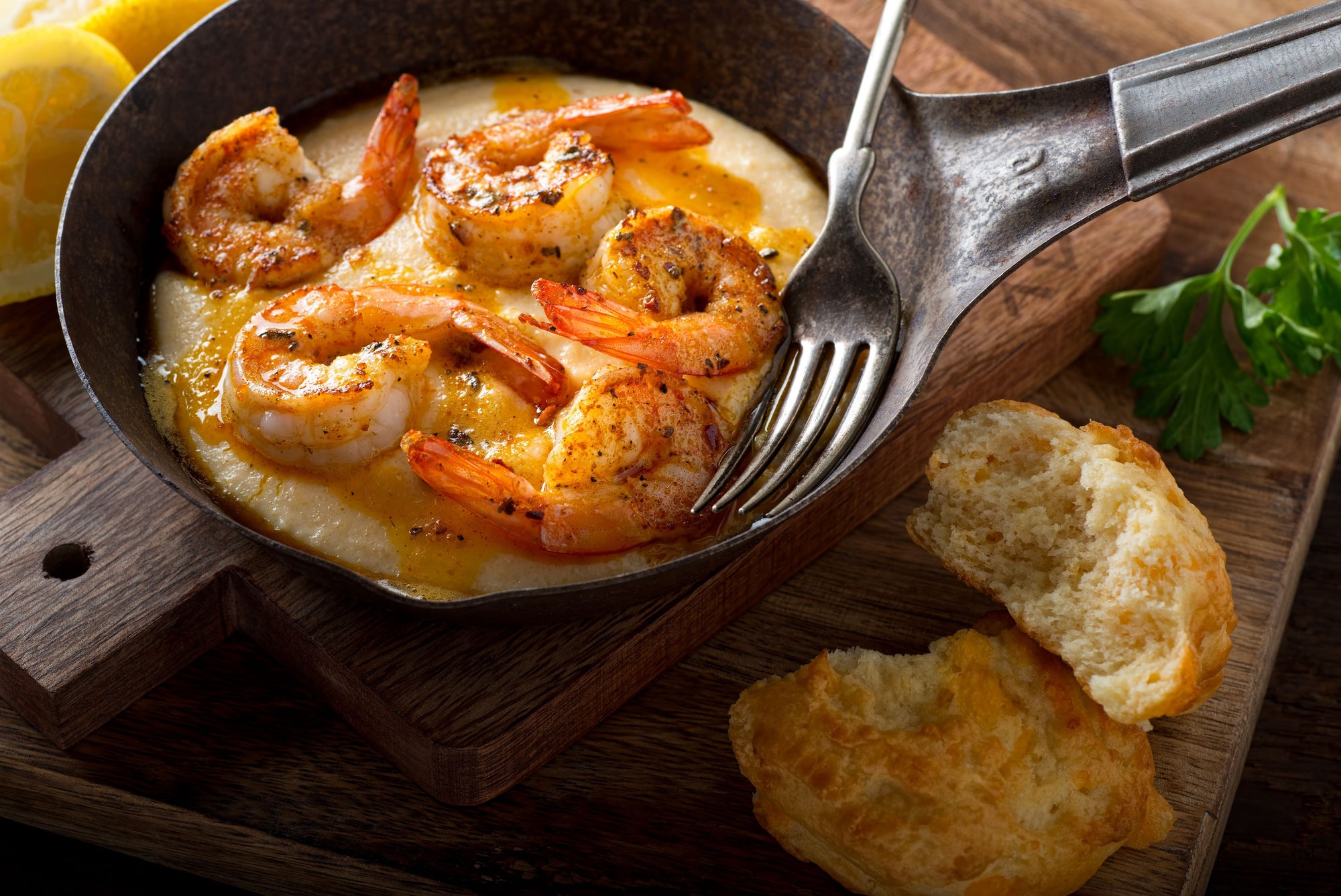 Shrimp and Grits with Pandemic Peach Sriracha